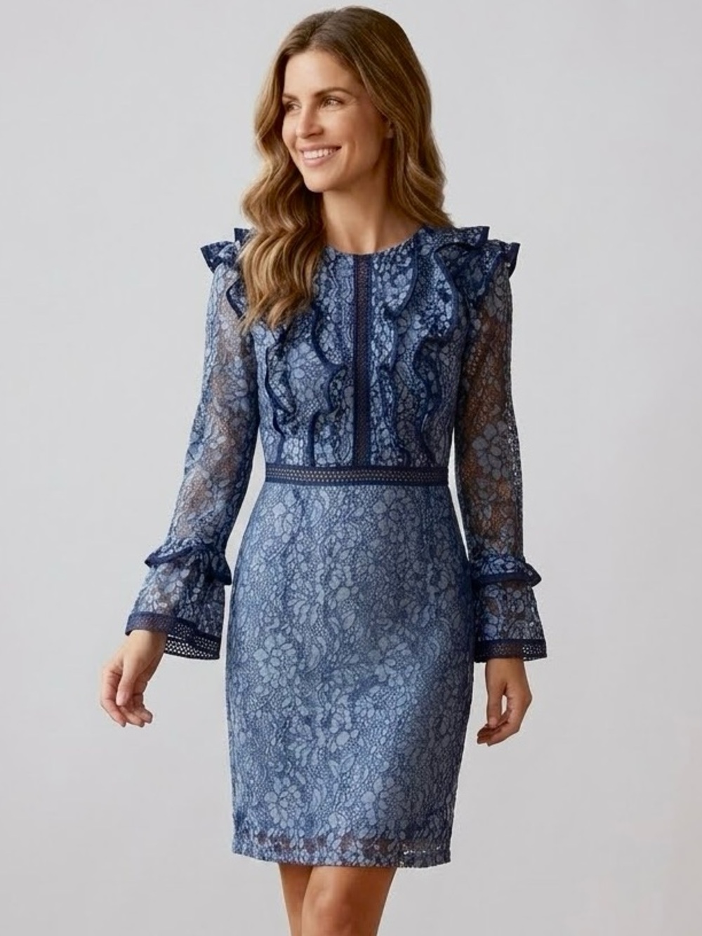 Diandian Didi Ruffle Lace Trim‎ Midi Knee Length Dress, Blue and Black, Size S/M